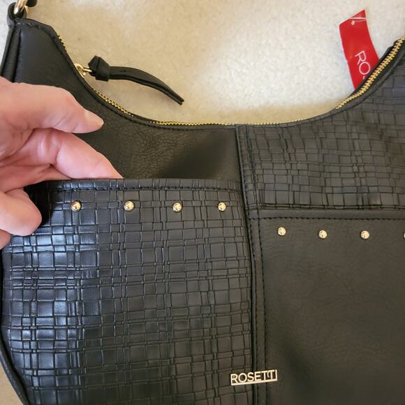 NWT Rosetti Black With Gold Metal Accents Crossbody Shoulder Bag Pockets - Picture 4 of 15
